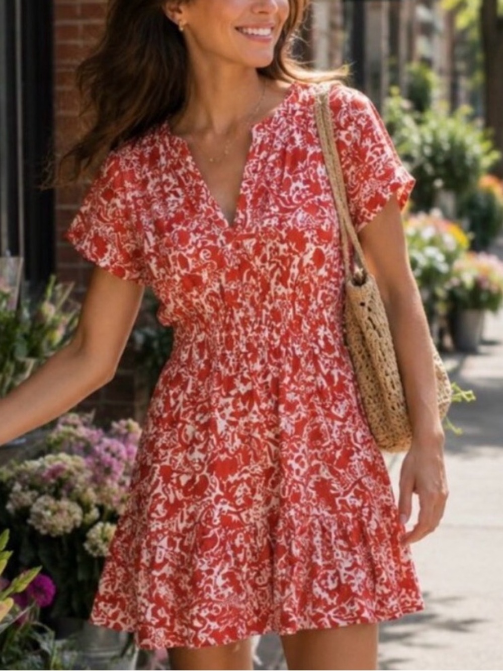 Anthropologie Somerset Mini Dress in Red and Pink Floral Vine Print Size M